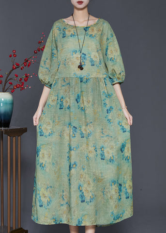 Green Print Linen Vacation Dresses Oversized Summer SD1003 Ada Fashion