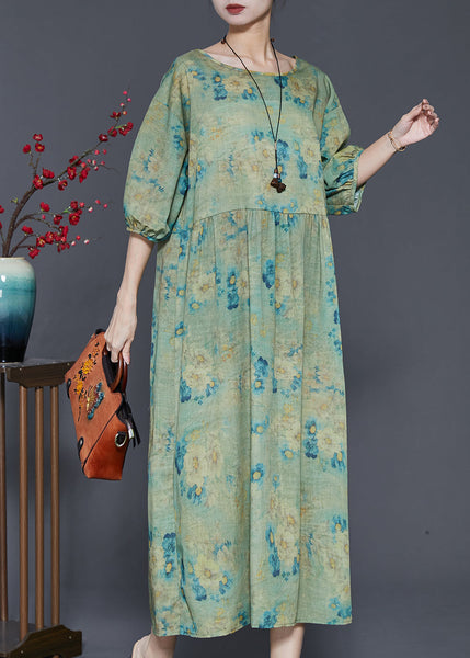Green Print Linen Vacation Dresses Oversized Summer SD1003 Ada Fashion