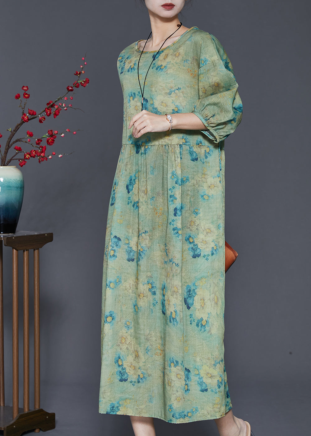 Green Print Linen Vacation Dresses Oversized Summer SD1003 Ada Fashion
