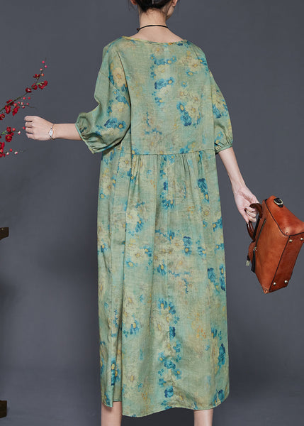 Green Print Linen Vacation Dresses Oversized Summer SD1003 Ada Fashion