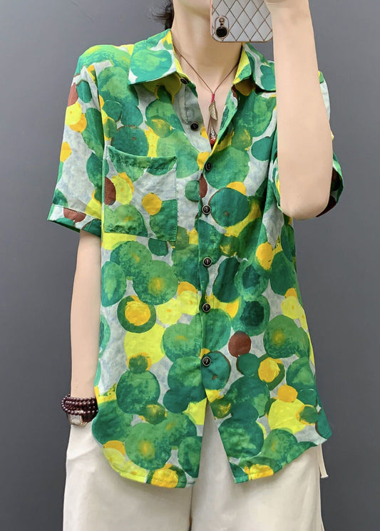 Green Print Pockets Cotton Blouse Peter Pan Collar Short Sleeve AU1040 MZF-240903