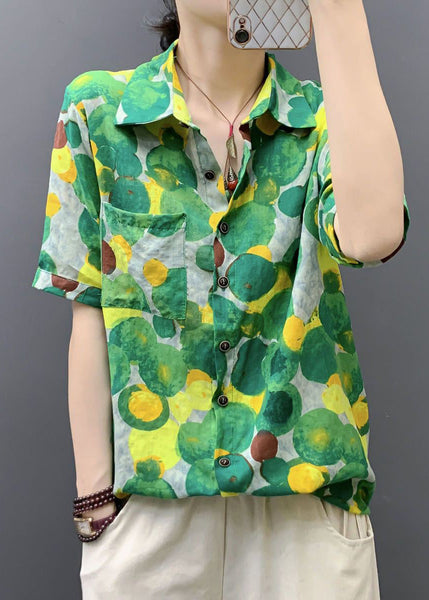 Green Print Pockets Cotton Blouse Peter Pan Collar Short Sleeve AU1040 MZF-240903