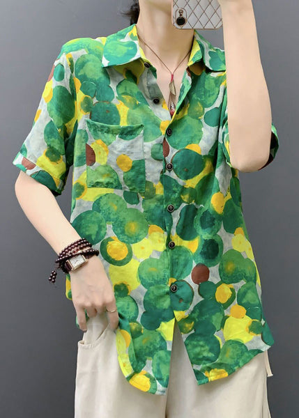 Green Print Pockets Cotton Blouse Peter Pan Collar Short Sleeve AU1040 MZF-240903