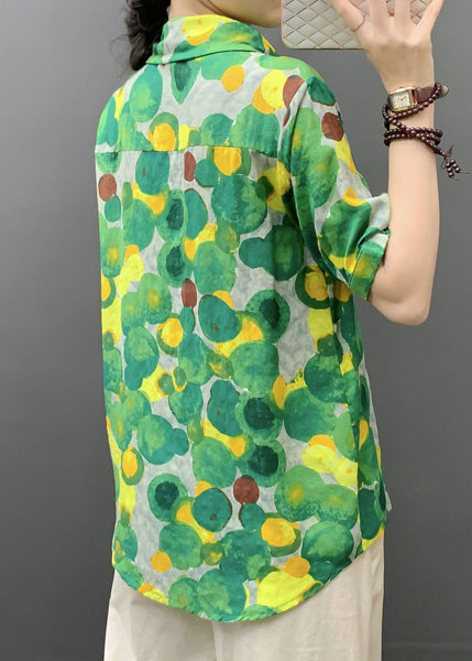 Green Print Pockets Cotton Blouse Peter Pan Collar Short Sleeve AU1040 MZF-240903