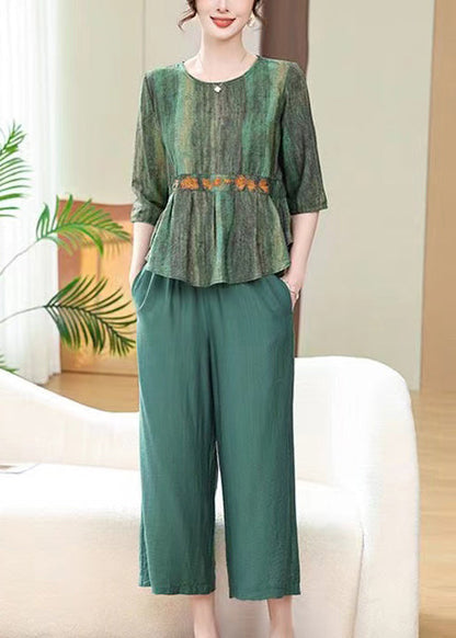 Green Print Pockets Cotton Two Pieces Set O Neck Half Sleeve RE031 MZF-TPIEC240807