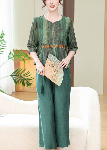 Green Print Pockets Cotton Two Pieces Set O Neck Half Sleeve RE031 MZF-TPIEC240807