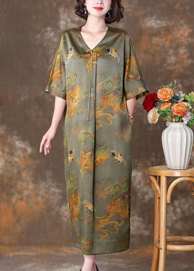 Green Print Pockets Silk Dresses V Neck Half Sleeve OP1071 Ada Fashion