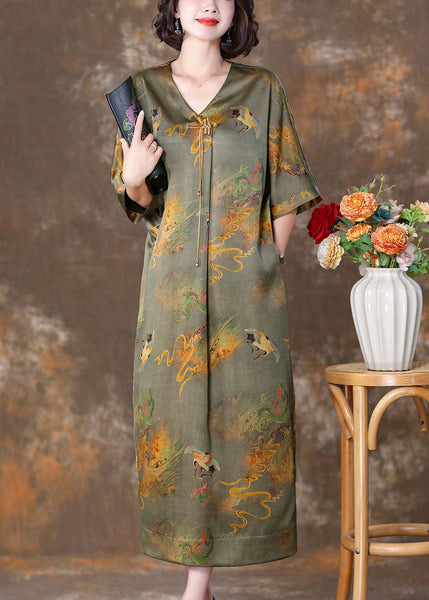 Green Print Pockets Silk Dresses V Neck Half Sleeve OP1071 Ada Fashion