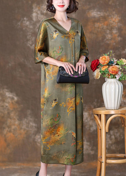 Green Print Pockets Silk Dresses V Neck Half Sleeve OP1071 Ada Fashion