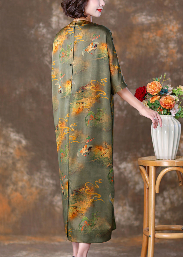 Green Print Pockets Silk Dresses V Neck Half Sleeve OP1071 Ada Fashion