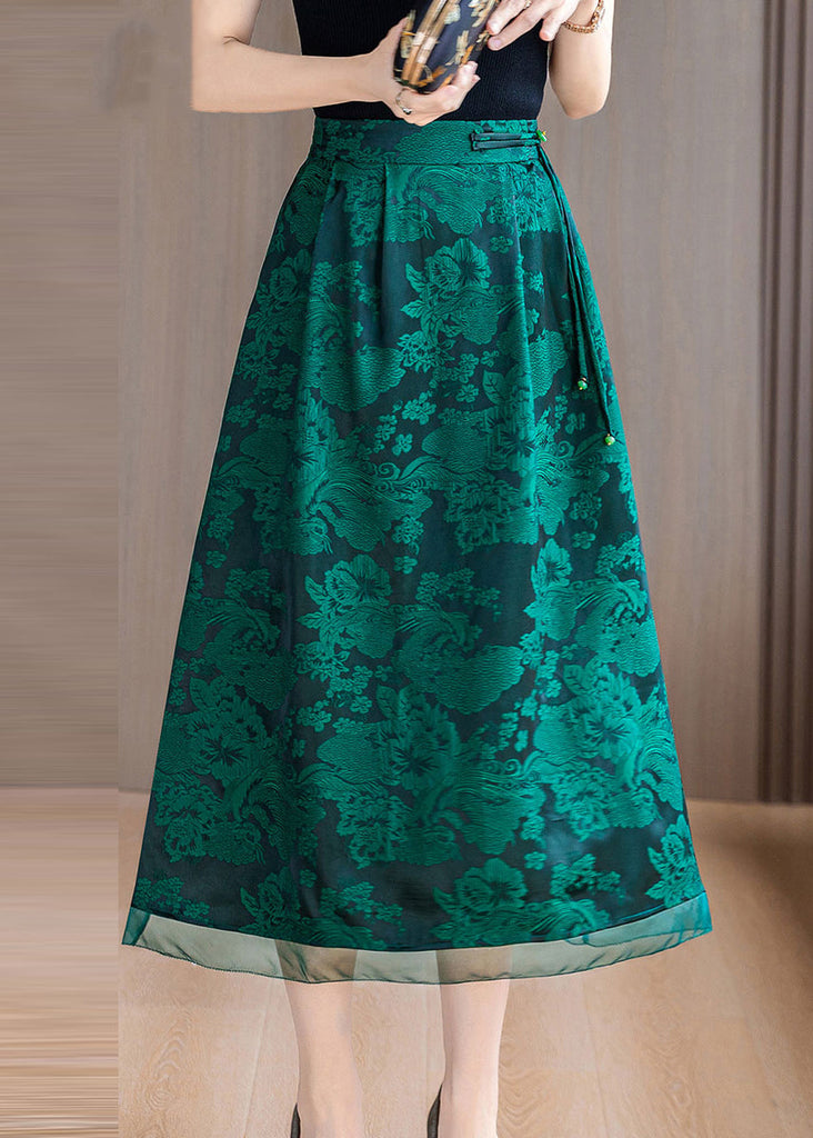 Green Print Silk A Line Skirts Tasseled Summer OO039 OM-CS240814