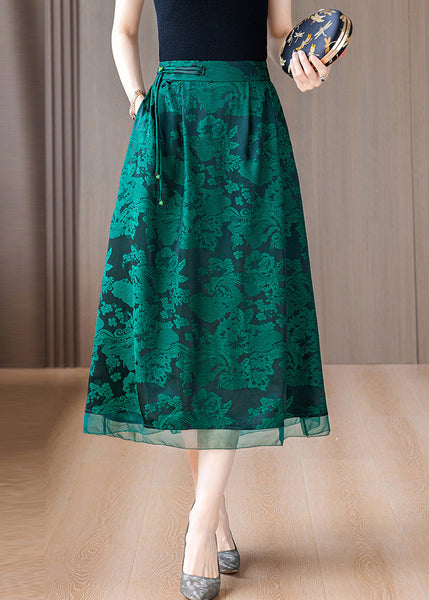 Green Print Silk A Line Skirts Tasseled Summer OO039 OM-CS240814