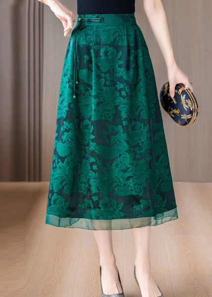 Green Print Silk A Line Skirts Tasseled Summer OO039 OM-CS240814