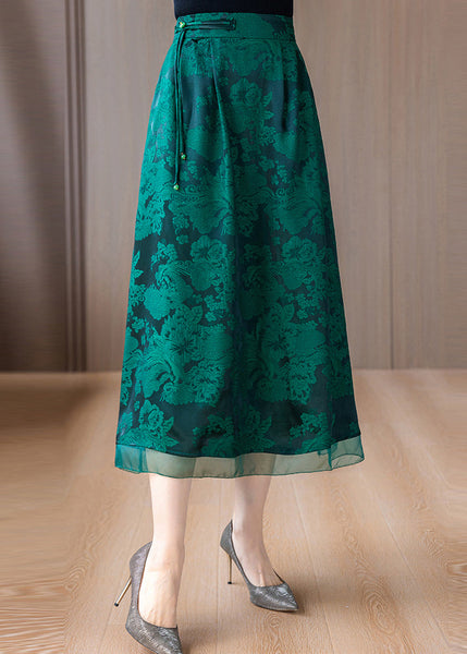 Green Print Silk A Line Skirts Tasseled Summer OO039 OM-CS240814