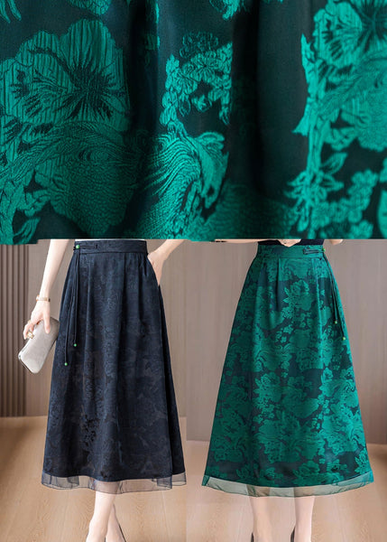 Green Print Silk A Line Skirts Tasseled Summer OO039 OM-CS240814