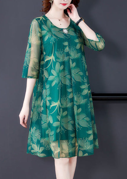 Green Print Tulle Dresses O Neck Half Sleeve OP1084 Ada Fashion