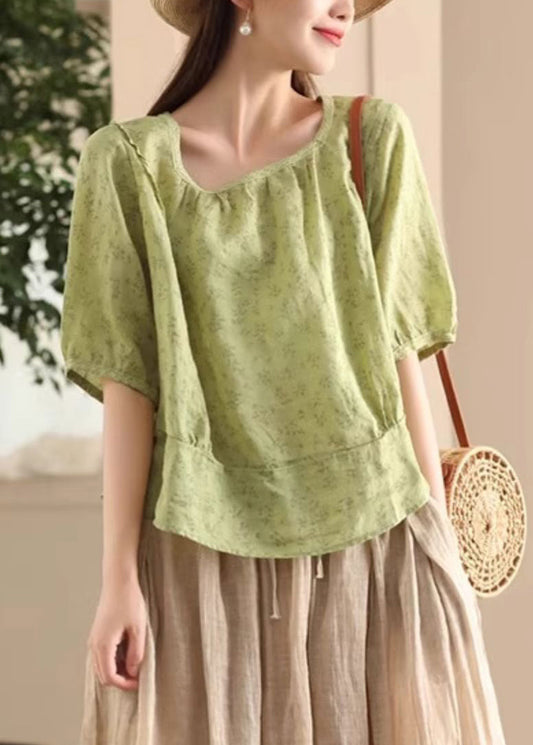 Sides Green Wear Print Both Sleeve Half Shirt On Button Linen FashionChic