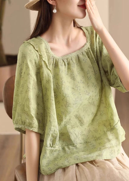 Sides Green Wear Print Both Sleeve Half Shirt On Button Linen FashionChic