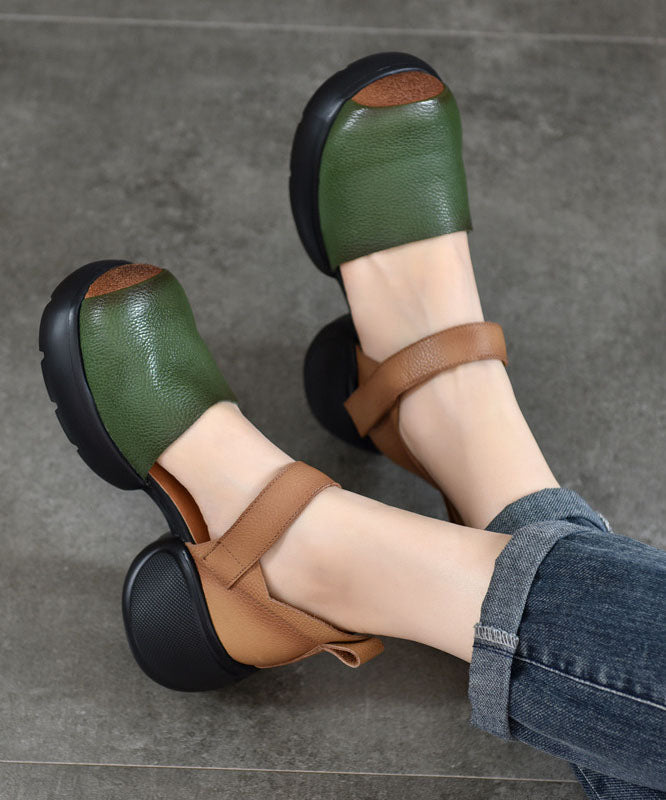 Green Sandals Chunky Cowhide Leather Handmade Splicing Buckle Strap DD1062 Shoe-LX240605