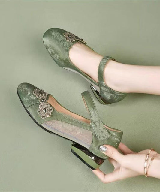 Satin Green Breathable Splicing Strap Buckle Sandals Mesh FashionChic