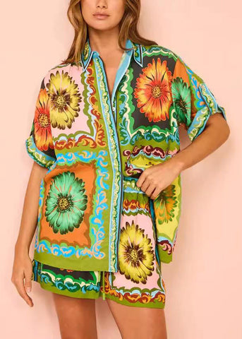 With Two Set Green Pieces Printed And Shorts Short Chrysanthemum FashionChic