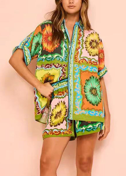 With Two Set Green Pieces Printed And Shorts Short Chrysanthemum FashionChic