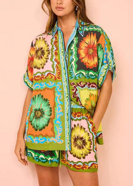 With Two Set Green Pieces Printed And Shorts Short Chrysanthemum FashionChic