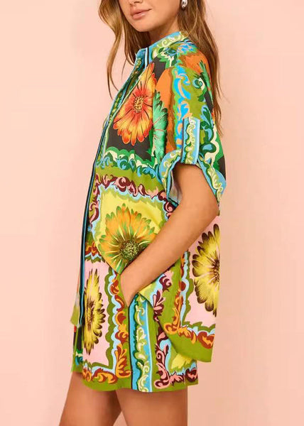 With Two Set Green Pieces Printed And Shorts Short Chrysanthemum FashionChic