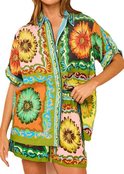 With Two Set Green Pieces Printed And Shorts Short Chrysanthemum FashionChic