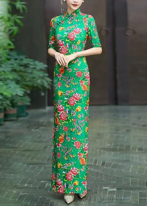 Green Side Open Cotton Dress Stand Collar Short Sleeve QA1003 Ada Fashion