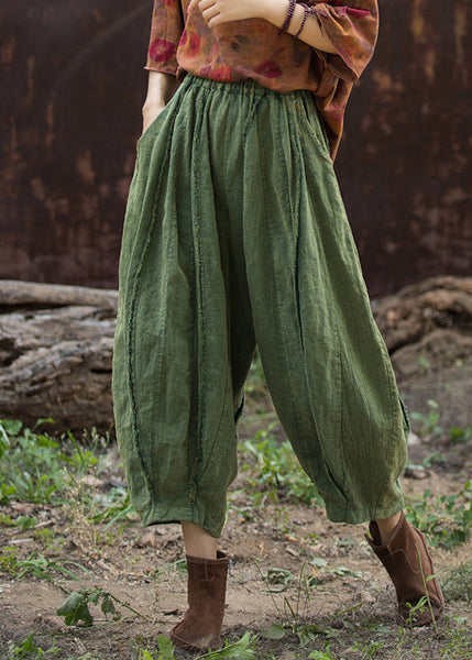 Green Solid Linen Wide Leg Pants Elastic Waist QE027 MZF-CPTS240927