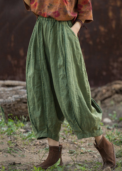 Green Solid Linen Wide Leg Pants Elastic Waist QE027 MZF-CPTS240927