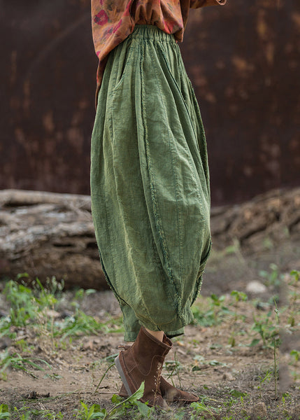 Green Solid Linen Wide Leg Pants Elastic Waist QE027 MZF-CPTS240927