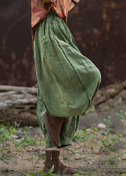 Green Solid Linen Wide Leg Pants Elastic Waist QE027 MZF-CPTS240927