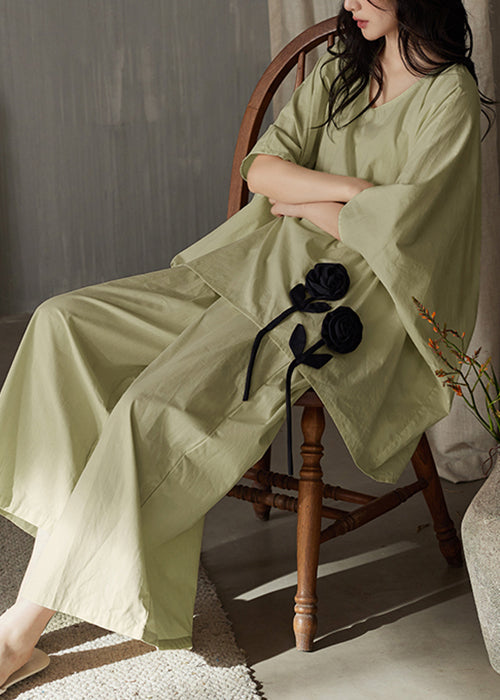 Leg Wide Pants Shirt Solid T Piece Green V Cotton Set And Two FashionChic