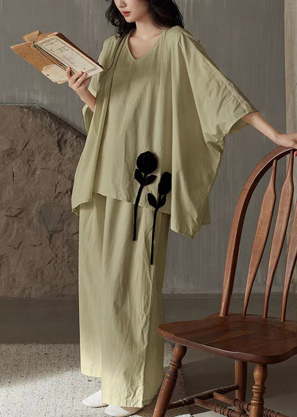 Leg Wide Pants Shirt Solid T Piece Green V Cotton Set And Two FashionChic