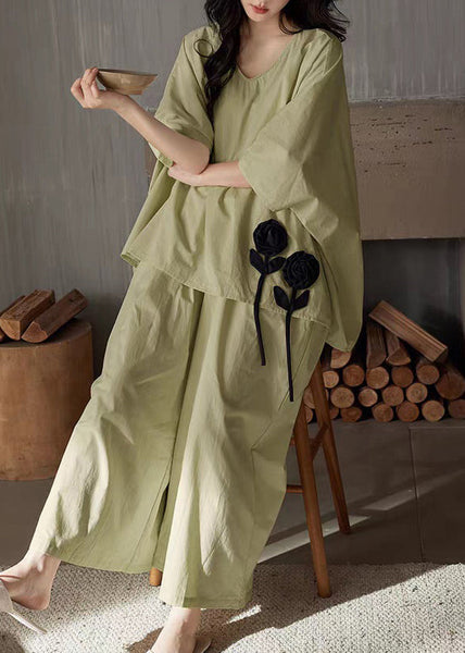 Leg Wide Pants Shirt Solid T Piece Green V Cotton Set And Two FashionChic