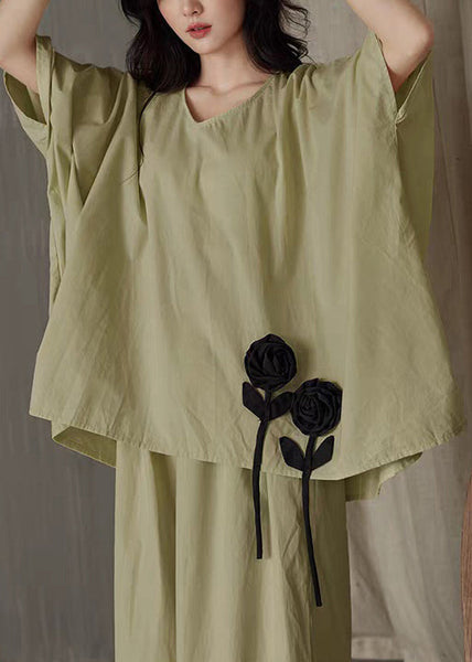 Leg Wide Pants Shirt Solid T Piece Green V Cotton Set And Two FashionChic