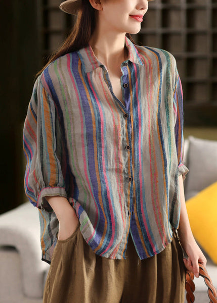 Collar Fall Peter Green Shirt Stripe Pan Linen Button FashionChic