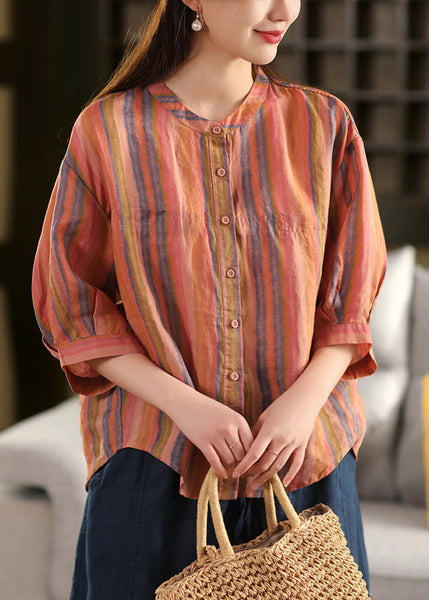 Stripe O Sleeve Linen Bracelet Neck Green Shirts FashionChic