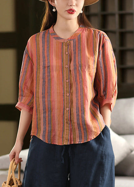 Stripe O Sleeve Linen Bracelet Neck Green Shirts FashionChic