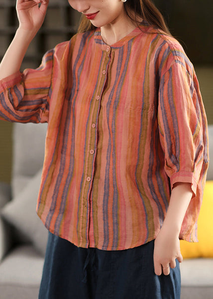 Stripe O Sleeve Linen Bracelet Neck Green Shirts FashionChic