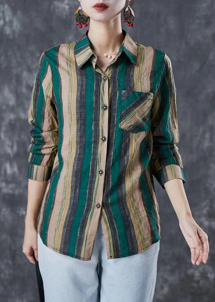 Green Striped Linen Shirt Tops Peter Pan Collar Fall Ada Fashion