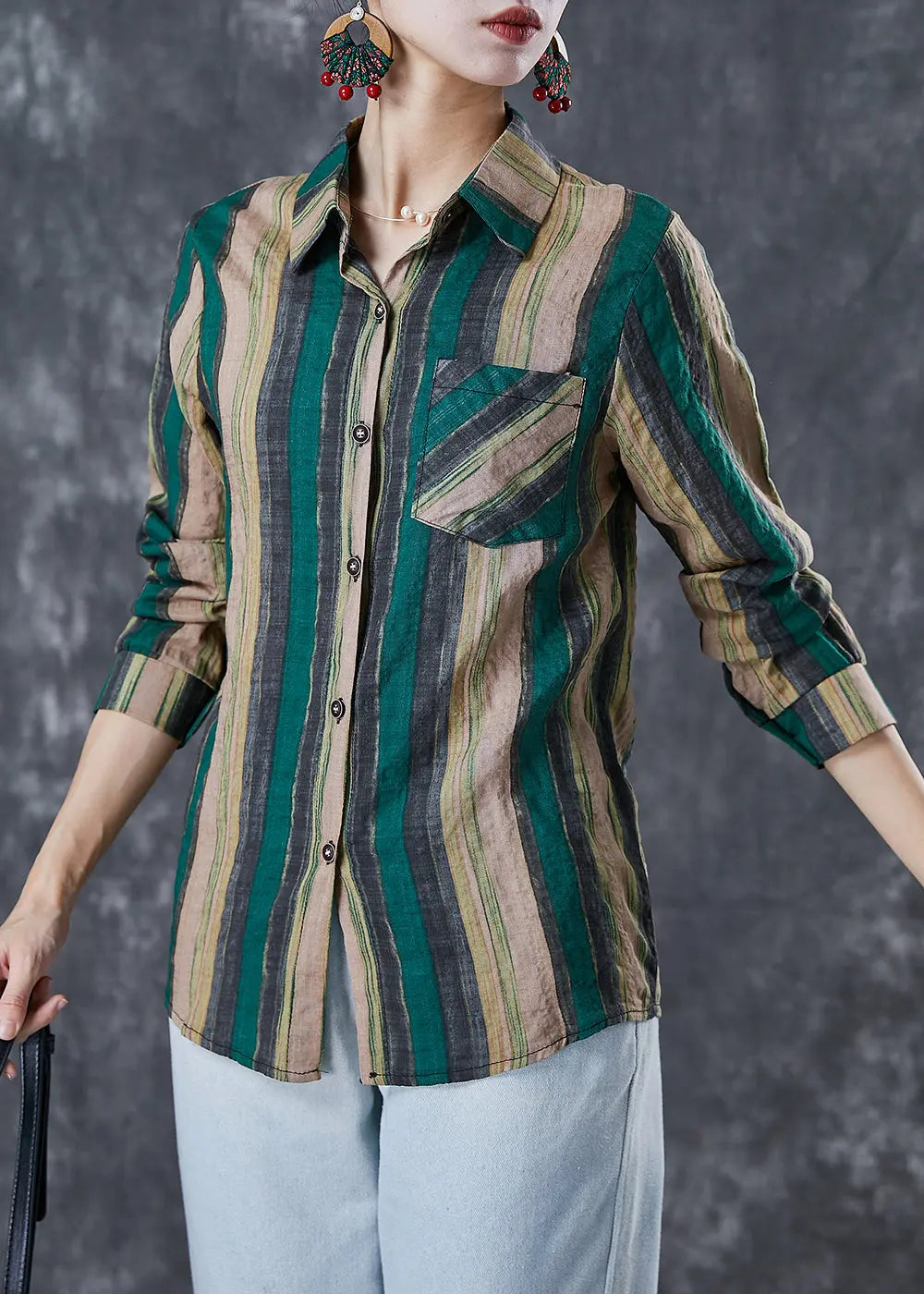 Green Striped Linen Shirt Tops Peter Pan Collar Fall Ada Fashion