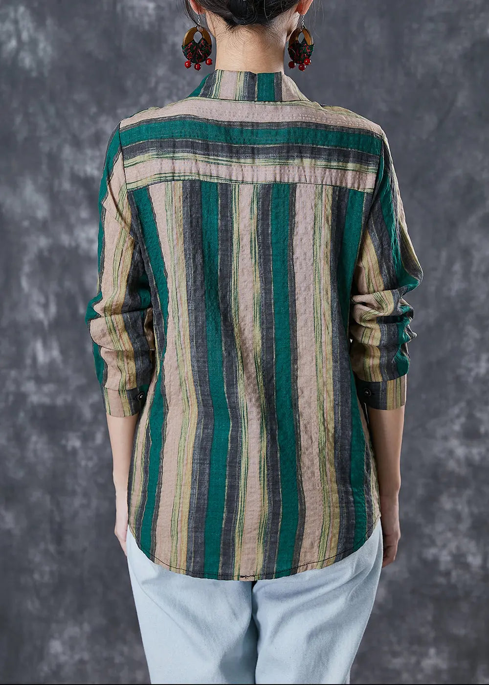 Green Striped Linen Shirt Tops Peter Pan Collar Fall Ada Fashion