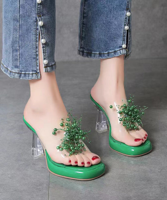 Green Stylish Clear High Heels Splicing Slide Sandals Bead Decorated OI019 shoe-LT240801