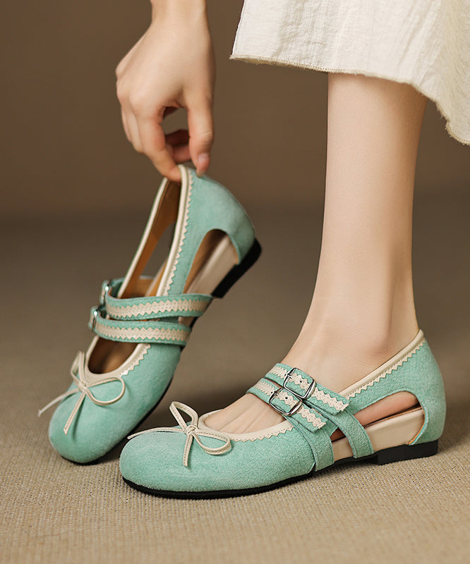 Suede Feet Green Out Shoes Splicing Flat Hollow Bow FashionChic