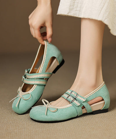 Suede Feet Green Out Shoes Splicing Flat Hollow Bow FashionChic