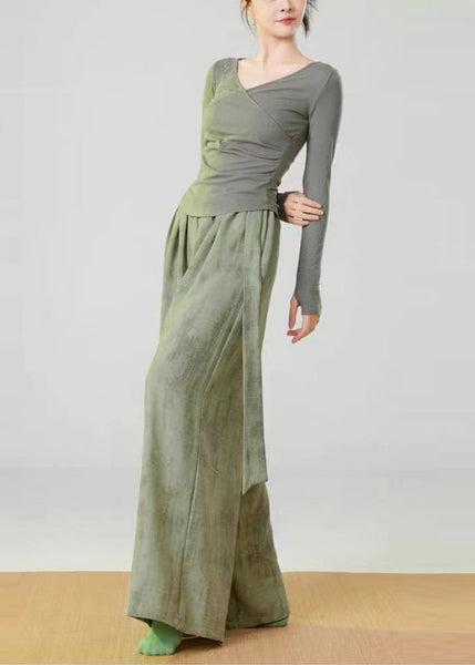 Green Tie Dye Linen Straight Pants Elastic Waist Spring MZF-LPTS250315