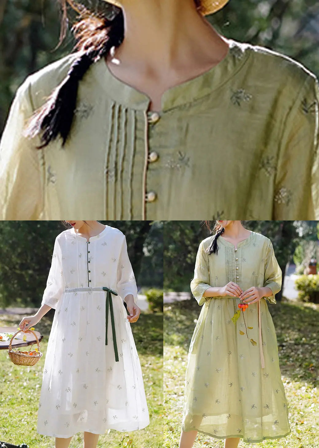 Green Tie Waist Linen Dresses O-Neck Bracelet Sleeve Ada Fashion